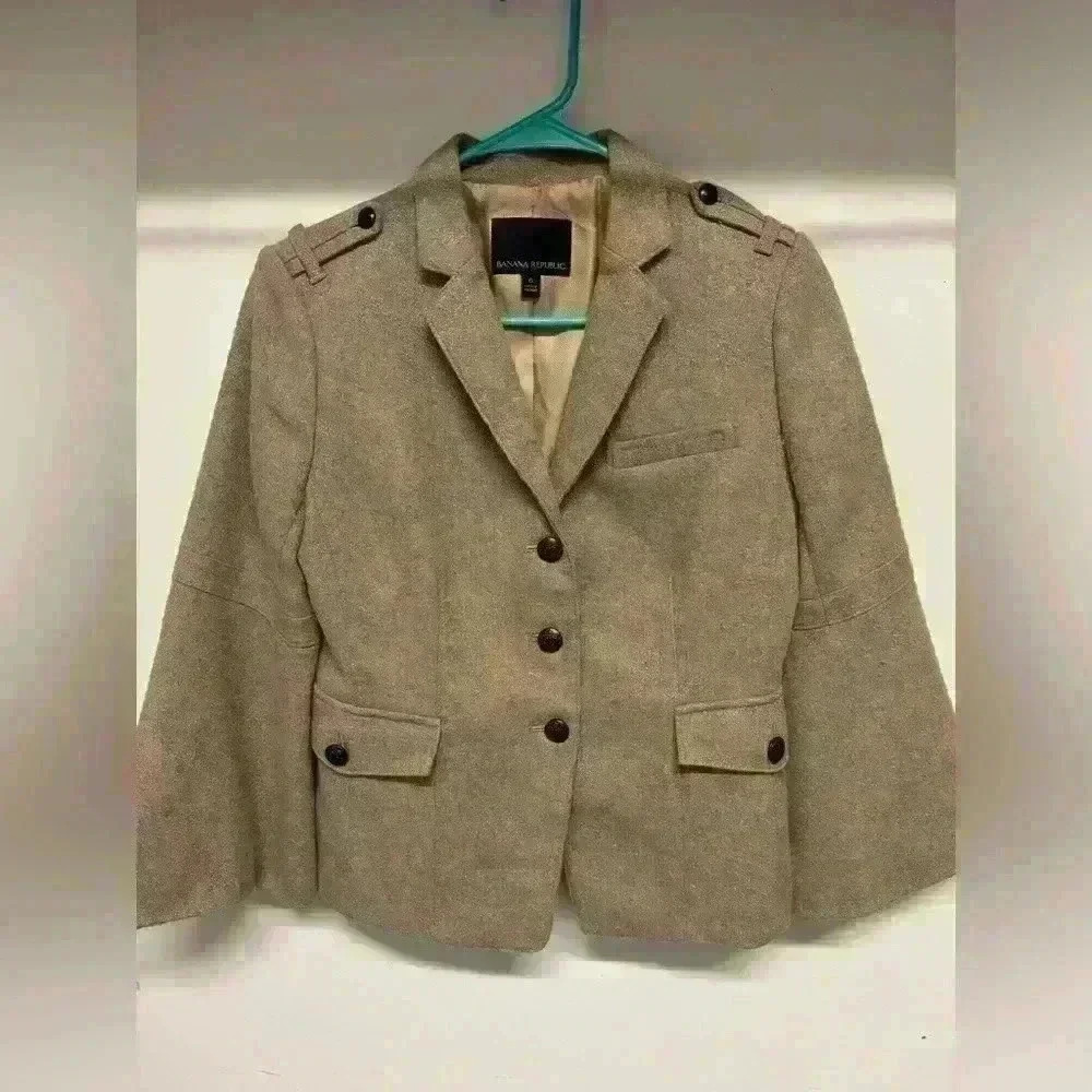 Banana Republic Tan Wool Blend Bell Sleeve Gold Metallic Military Blazer Size 6